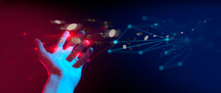 hand of businessman interactive touching a holographic of transaction financial network data system,...