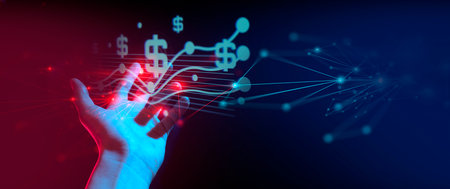 hand of businessman interactive touching a holographic of transaction financial network data system, concept of technology artificial intelligence with human user applicationの写真素材