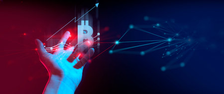 hand of businessman interactive touching a holographic of transaction financial network data system, concept of technology artificial intelligence with human user applicationの写真素材
