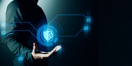 hand of businessman interactive touching a holographic of transaction financial network data system, concept of technology artificial intelligence with human user applicationの写真素材