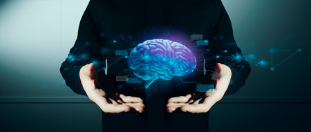hand of businessman interactive touching a holographic of transaction financial network data system, concept of technology artificial intelligence with human user applicationの写真素材