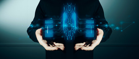 hand of businessman interactive touching a holographic of transaction financial network data system, concept of technology artificial intelligence with human user applicationの写真素材