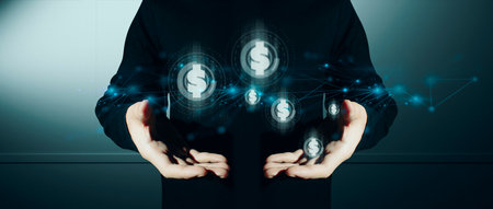 hand of businessman interactive touching a holographic of transaction financial network data system, concept of technology artificial intelligence with human user applicationの写真素材