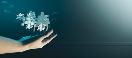 hand of businessman interactive touching a holographic of transaction financial network data system, concept of technology artificial intelligence with human user applicationの写真素材