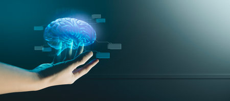 hand of businessman interactive touching a holographic of transaction financial network data system, concept of technology artificial intelligence with human user applicationの写真素材