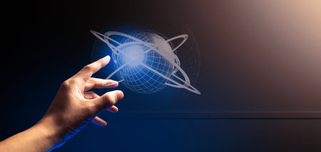 hand of businessman interactive touching a holographic of transaction financial network data system, concept of technology artificial intelligence with human user applicationの写真素材