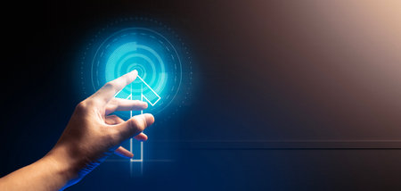 hand of businessman interactive touching a holographic of transaction financial network data system, concept of technology artificial intelligence with human user applicationの写真素材
