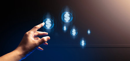 hand of businessman interactive touching a holographic of transaction financial network data system, concept of technology artificial intelligence with human user applicationの写真素材