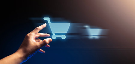 hand of businessman interactive touching a holographic of transaction financial network data system, concept of technology artificial intelligence with human user applicationの写真素材