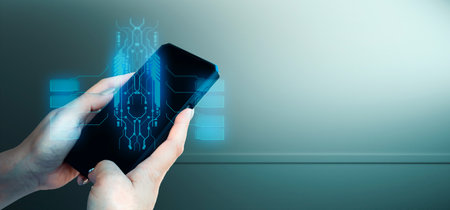 hand of businessman interactive touching a holographic of transaction financial network data system, concept of technology artificial intelligence with human user applicationの写真素材