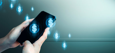 hand of businessman interactive touching a holographic of transaction financial network data system, concept of technology artificial intelligence with human user applicationの写真素材