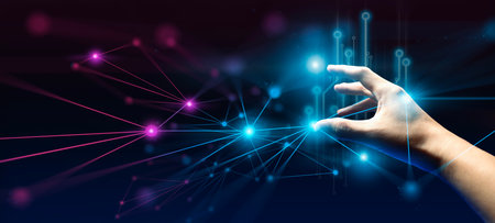 hand of businessman interactive touching a holographic of transaction financial network data system, concept of technology artificial intelligence with human user applicationの写真素材