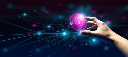 hand of businessman interactive touching a holographic of transaction financial network data system, concept of technology artificial intelligence with human user applicationの写真素材