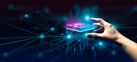 hand of businessman interactive touching a holographic of transaction financial network data system, concept of technology artificial intelligence with human user applicationの写真素材