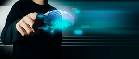 hand of businessman interactive touching a holographic of transaction financial network data system,...