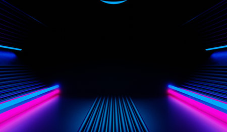 3d illustration rendering of y2k 2000s gaming technology futuristic fantasy metaverse cyberpunk sci-fi display podium pedestal stage room abstract background in neon-glowの写真素材