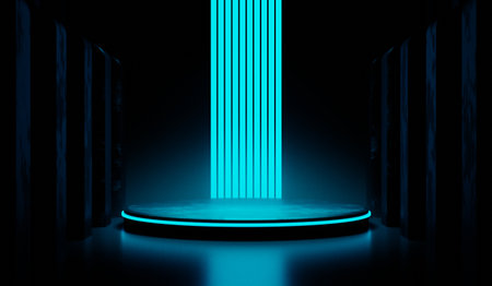 3d illustration rendering of y2k 2000s gaming technology futuristic fantasy metaverse cyberpunk sci-fi display podium pedestal stage room abstract background in neon-glowの写真素材
