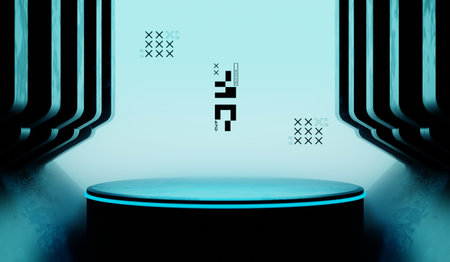 3d illustration rendering of y2k 2000s gaming technology futuristic fantasy metaverse cyberpunk sci-fi display podium pedestal stage room abstract background in neon-glowの写真素材