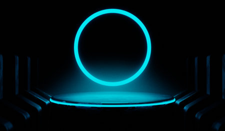 3d illustration rendering of y2k 2000s gaming technology futuristic fantasy metaverse cyberpunk sci-fi display podium pedestal stage room abstract background in neon-glowの写真素材