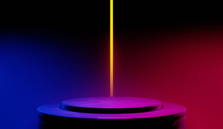 3d illustration rendering of y2k 2000s gaming technology futuristic fantasy metaverse cyberpunk sci-fi display podium pedestal stage room abstract background in neon-glowの写真素材