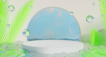 retro-future y2k 2000s frutiger aero aqua web 2.0 gloss with stage podium for product display showcase, 3d illustration rendering abstract background, technology and nature conceptの写真素材