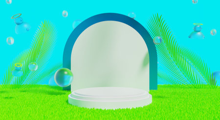 retro-future y2k 2000s frutiger aero aqua web 2.0 gloss with stage podium for product display showcase, 3d illustration rendering abstract background, technology and nature conceptの写真素材