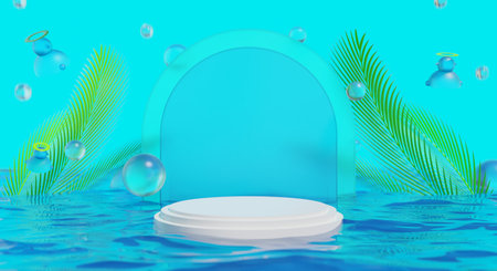 retro-future y2k 2000s frutiger aero aqua web 2.0 gloss with stage podium for product display showcase, 3d illustration rendering abstract background, technology and nature conceptの写真素材