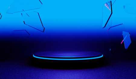 3d illustration rendering of y2k 2000s gaming technology futuristic fantasy metaverse cyberpunk sci-fi display podium pedestal stage room abstract background in neon-glowの写真素材