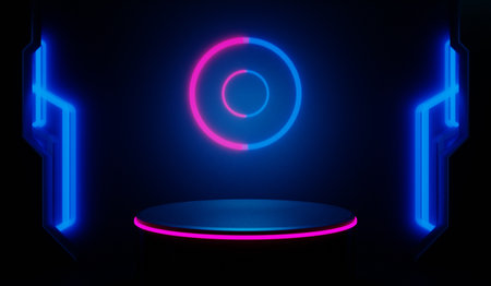 3d illustration rendering of y2k 2000s gaming technology futuristic fantasy metaverse cyberpunk sci-fi display podium pedestal stage room abstract background in neon-glowの写真素材