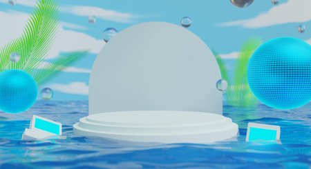 retro-future y2k 2000s frutiger aero aqua web 2.0 gloss with stage podium for product display showcase, 3d illustration rendering abstract background, technology and nature environment conceptの写真素材