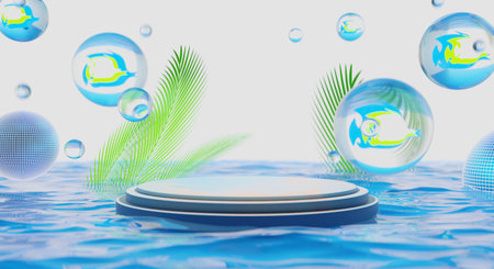 retro-future y2k 2000s frutiger aero aqua web 2.0 gloss with stage podium for product display showcase, 3d illustration rendering abstract background, technology and nature environment conceptの写真素材
