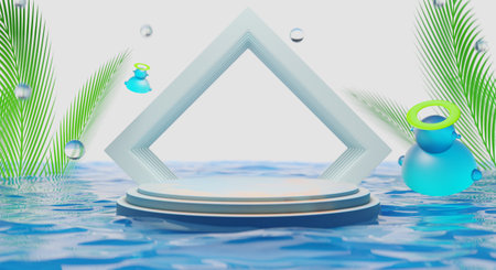 retro-future y2k 2000s frutiger aero aqua web 2.0 gloss with stage podium for product display showcase, 3d illustration rendering abstract background, technology and nature environment conceptの写真素材