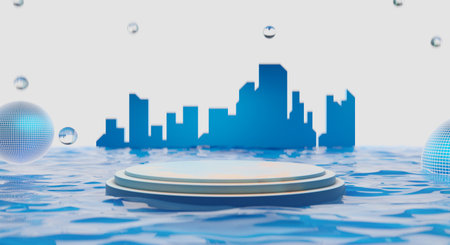 retro-future y2k 2000s frutiger aero aqua web 2.0 gloss with stage podium for product display showcase, 3d illustration rendering abstract background, technology and nature environment conceptの写真素材