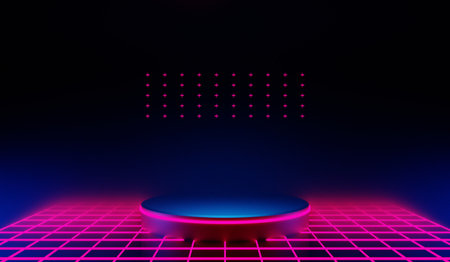 3d illustration rendering of y2k 2000s gaming technology futuristic fantasy metaverse cyberpunk sci-fi display podium pedestal stage room abstract background in neon-glowの写真素材