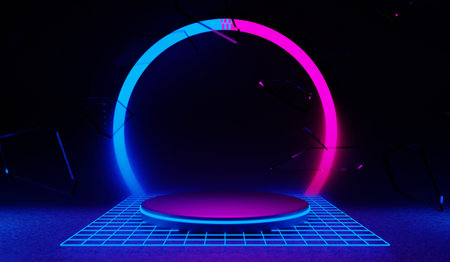 3d illustration rendering of y2k 2000s gaming technology futuristic fantasy metaverse cyberpunk sci-fi display podium pedestal stage room abstract background in neon-glowの写真素材