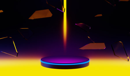 3d illustration rendering of y2k 2000s gaming technology futuristic fantasy metaverse cyberpunk sci-fi display podium pedestal stage room abstract background in neon-glowの写真素材