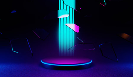 3d illustration rendering of y2k 2000s gaming technology futuristic fantasy metaverse cyberpunk sci-fi display podium pedestal stage room abstract background in neon-glowの写真素材