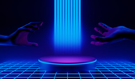 3d illustration rendering of y2k 2000s gaming technology futuristic fantasy metaverse cyberpunk sci-fi display podium pedestal stage room abstract background in neon-glowの写真素材