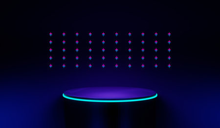 3d illustration rendering of y2k 2000s gaming technology futuristic fantasy metaverse cyberpunk sci-fi display podium pedestal stage room abstract background in neon-glowの写真素材