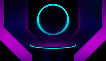 3d illustration rendering of y2k 2000s gaming technology futuristic fantasy metaverse cyberpunk sci-fi display podium pedestal stage room abstract background in neon-glowの写真素材