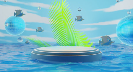 retro-future y2k 2000s frutiger aero aqua web 2.0 gloss with stage podium for product display showcase, 3d illustration rendering abstract background, technology and nature environment conceptの写真素材