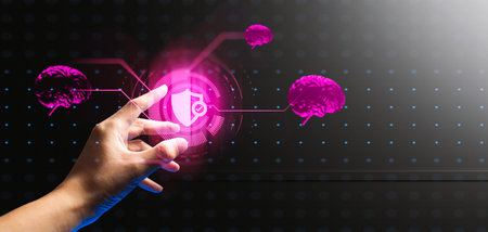 hand of businessman interactive touching a holographic of global world and technology artificial intelligenceの写真素材