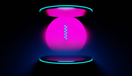 3d illustration rendering of y2k 2000s gaming technology futuristic fantasy metaverse cyberpunk sci-fi display podium pedestal stage room abstract background in neon-glowの写真素材
