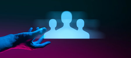 hand of businessman interactive touching a holographic icon by network and technologyの写真素材