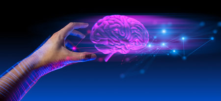 hand of businessman interactive touching a holographic system network and technology, sci-fi...