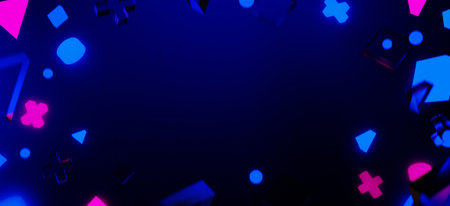 3d illustration rendering of y2k 2000s gaming technology futuristic fantasy metaverse cyberpunk sci-fi display podium pedestal stage room abstract background in neon-glowの写真素材