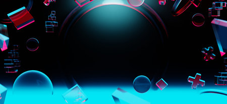 3d illustration rendering of y2k 2000s gaming technology futuristic fantasy metaverse cyberpunk sci-fi display podium pedestal stage room abstract background in neon-glowの写真素材