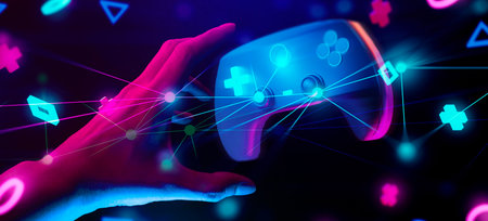 gamer hand touching and interactive to holographic of gaming joystick controller, game and esports...
