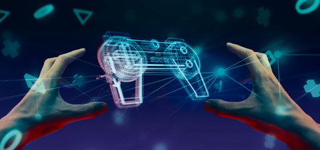gamer playing the online game with joystick controller in neon glow dark cyberpunk room, gaming and...