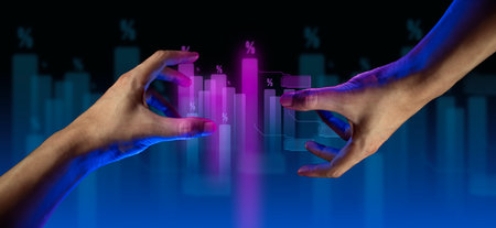 hand of businessman interactive touching a holographic financial growth graph chart system network and technology, success of trading innovationの写真素材